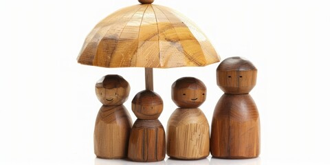Wooden figurines of a family under an umbrella, isolated on white background