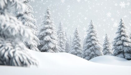 Naklejka premium A tranquil winter forest scene with evergreen branches covered in thick snow, as delicate snowflakes swirl in the cold breeze.