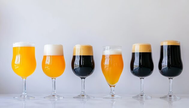 A vibrant assortment of craft beer in various glassware, displaying shades of honey, caramel, and deep black, with each glass topped with a frothy head.