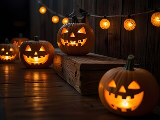 Halloween with Candles and String Lights on a Wooden Table. ai  generate