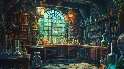 Obraz premium An ancient alchemists study in a mythical realm. Alchemy Lab. Illustration