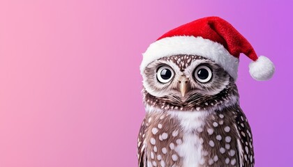Obraz premium An adorable owl with wide, sparkling eyes, its Santa hat slightly tilted, standing against a soft rose-to-violet gradient background, perfect for the holidays.