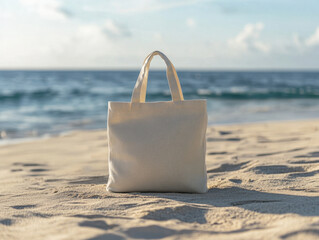 A serene beach day with a simple canvas bag resting on golden sand near gentle ocean waves