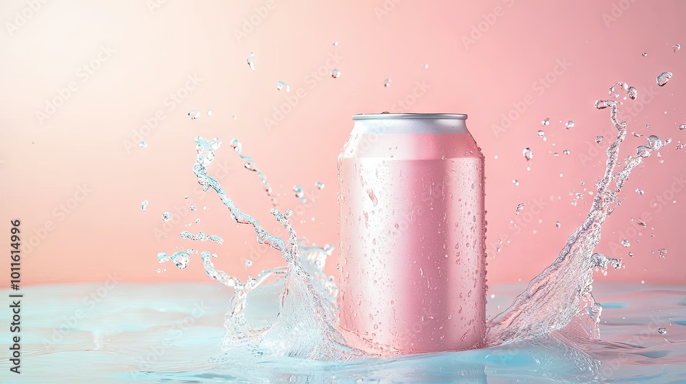 Sticker A splash of water and a sleek drink can on a pastel-colored backdrop, capturing freshness and energy in a minimalist design.