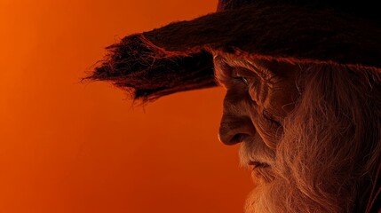 An eerie portrait of an old witch with a fierce gaze, her ancient, frayed hat perched atop her head, against a soft orange-to-black gradient background.