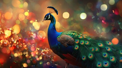 Fototapeta premium A stunning peacock with vibrant blue and green feathers standing proudly, set against colorful bokeh lights, highlighting