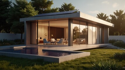 Fototapeta premium A modern, minimalist home with a swimming pool and a large glass window overlooking a living room.
