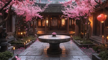 Fototapeta premium A traditional Chinese stone table in the center of a peaceful courtyard, surrounded by pink flowering trees