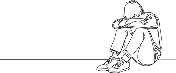 continuous single line drawing of sad boy sitting on floor crying, line art vector illustration