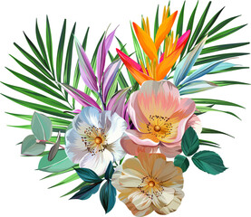 Bouquet of tropical flowers. Summer bouquet of flowers. Camellia, rose, hibiscus, orchid, plumeria, paradise flowers. Exotic, tropical