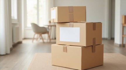 A stack of light brown moving boxes with empty labels on the side.