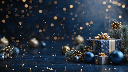 A luxurious dark blue Christmas background filled with shiny Christmas balls, intricately wrapped gift boxes, and festive decorations