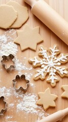 A wooden table is dusted with flour, showcasing snowflake-shaped cookie cutters, a rolling pin, and dough ready for festive cookie baking in winter