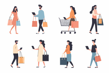 Vibrant Black Friday Shopping Illustrations Featuring Diverse Shoppers and Shopping Bags