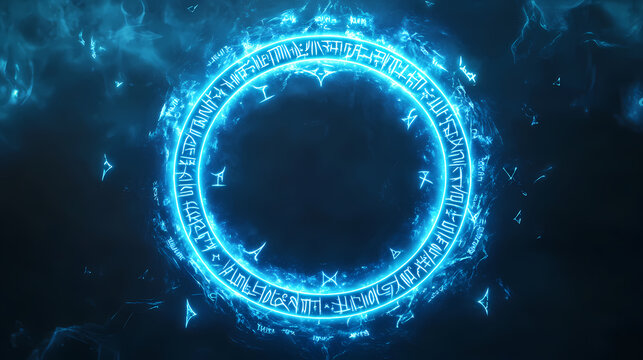 Blue magic runes in a circle. spell effect with ancient fantasy writing. glowing magical neon ring. Sorcerer's Spell. Illustration
