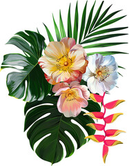 Bouquet of tropical flowers. Summer bouquet of flowers. Camellia, rose, hibiscus, orchid, plumeria, paradise flowers. Exotic, tropical