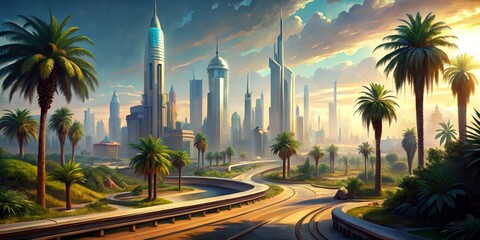 Obraz premium A Futuristic Cityscape with Palm Trees and a Winding Road, Digital Painting, Cityscape, Palm Trees, Futuristic, Road