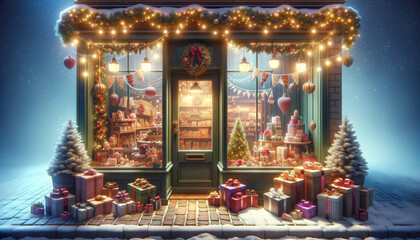 Fototapeta premium Festive storefront with Christmas decorations and gift boxes in snow, holiday shopping