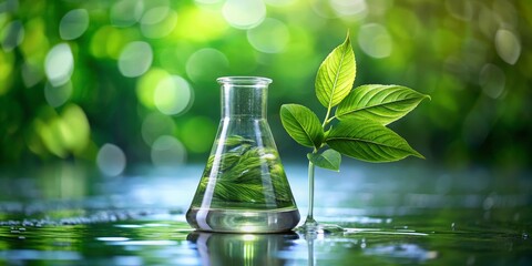 Botanical Extract in Erlenmeyer Flask, Green Leaves, Science, Nature, Research, Botanical, Nature