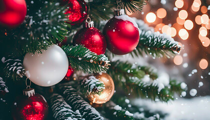Christmas decorations, assorted balls pine branches with snow and warm bokeh lights