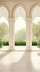 Fototapeta premium This artwork showcases white stone arches adorned with Arabic geometric patterns, creating an inviting walkway surrounded by lush trees in a modern park setting
