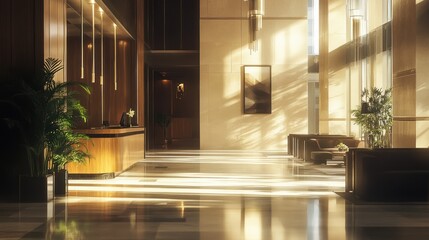Modern Lobby Interior with Warm Sunlight
