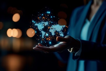 Person holding a glowing digital globe with abstract connections.