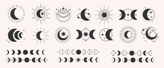 Phases of moon, boho moon illustration. Lunar phases. First and last quarter. Bohemian decoration crescent © Nastya