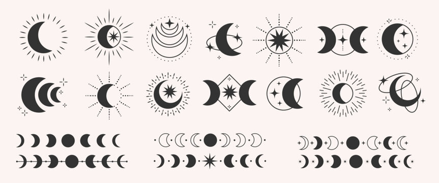 Phases of moon, boho moon illustration. Lunar phases. First and last quarter. Bohemian decoration crescent