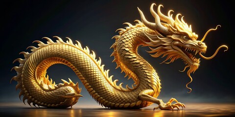 Fototapeta premium Golden Dragon Sculpture, 3D Render, Dark Background, Chinese Myth, Dragon, Sculpture, Art