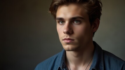 Obraz premium Portrait of a young man with blue eyes and brown hair looking off to the side.