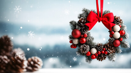 Bright Holiday Wreath Hanging on a Winter Window