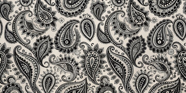 Intricate Black and White Paisley Pattern on Beige Background, paisley , pattern , textile