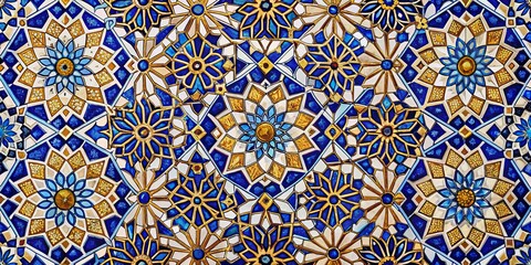 Islamic Geometric Mosaic Pattern Blue, Gold, and White Tiles, Islamic Architecture, Geometric Design, Mosaic Art