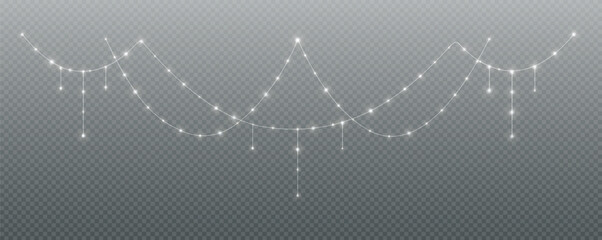 Festive Christmas light gold garlands png. Decor element for postcards, invitations, backgrounds transparent, business cards. Stock royalty free. Winter new collection 2024.