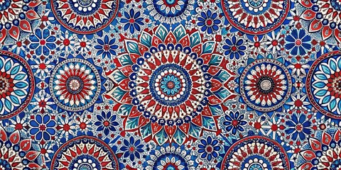 Intricate Red and Blue Floral Tile Mosaic, Turkish, Ceramic, Islamic