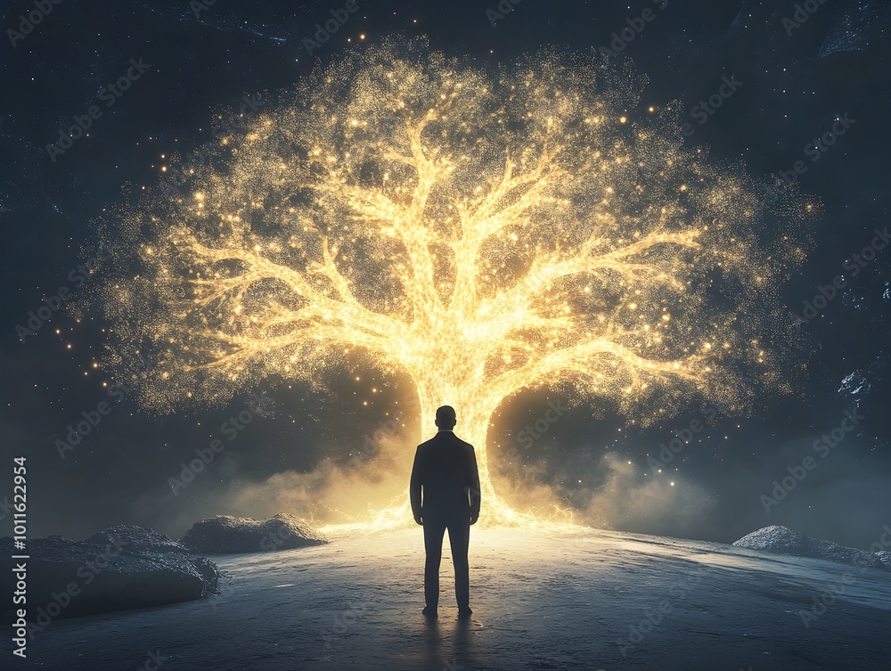 Poster glowing tree and silhouette in mystical setting