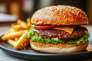 burger or cheeseburger with lettuce, tomato, French fries and cheese