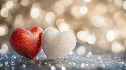 Fototapeta premium Close-up of red and white hearts shining on a glittery background, with bokeh lights creating a romantic atmosphere