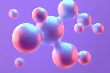 3D abstract liquid bubbles on purple background. Concept of science: floating morphing spheres, molecular elements or nanoparticles.