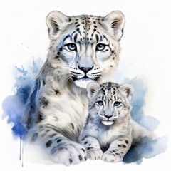 Fototapeta premium Hand-drawn watercolor amur leopard and calf. Watercolor illustration isolated on a white background, endangered species of animals 