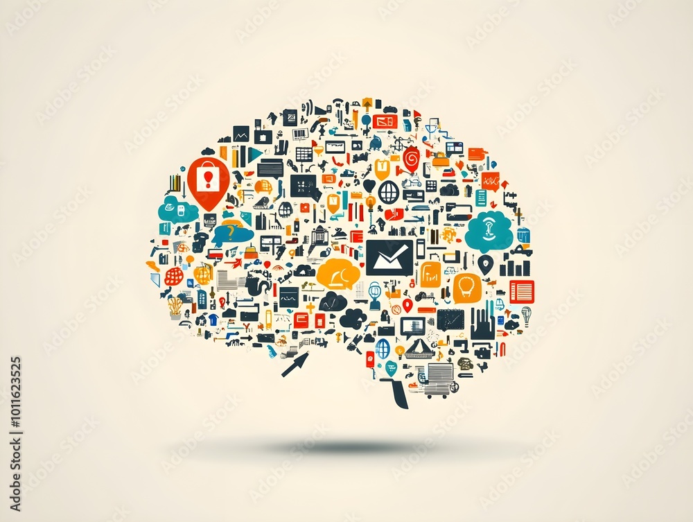 Poster creative brain with colorful icons and symbols