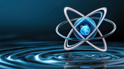 An atom with glowing protons radiates blue light above swirling water ripples, enhanced by neon pink highlights, merging science with a futuristic aesthetic