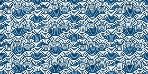 Seamless Blue and White Wave Pattern, Japanese Design, Vector Illustration, Digital Artwork, Sea, Ocean, Waves
