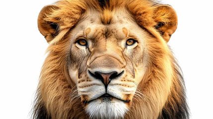 Fototapeta premium Close-up Portrait of a Majestic Lion with Golden Fur and Intense Eyes Stares Directly at the Camera, Showing Its Power and Majesty