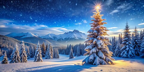 Snowy Mountain Peak with Sunbeams on a Fir Tree, snow, mountain, winter , fir, peak