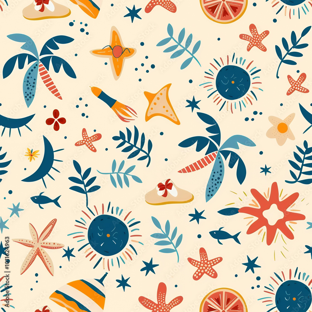 Wall mural Bright, cheerful summer pattern with palm trees, stars, and fish.