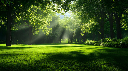 Obraz premium Sunlight filtering through the lush green canopy of a forest, illuminating the verdant grass below, creating a tranquil and serene atmosphere.