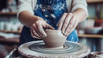 Woman working on a pottery wheel in a studio, hands shaping clay, creative and artistic process.