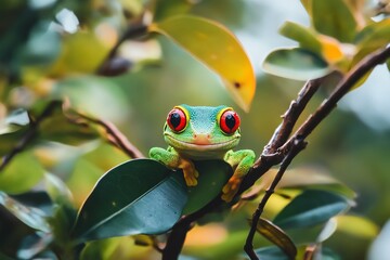 Vibrant Green Gecko with Striking Red Eyes in a Rainforest. AI generated illustration
